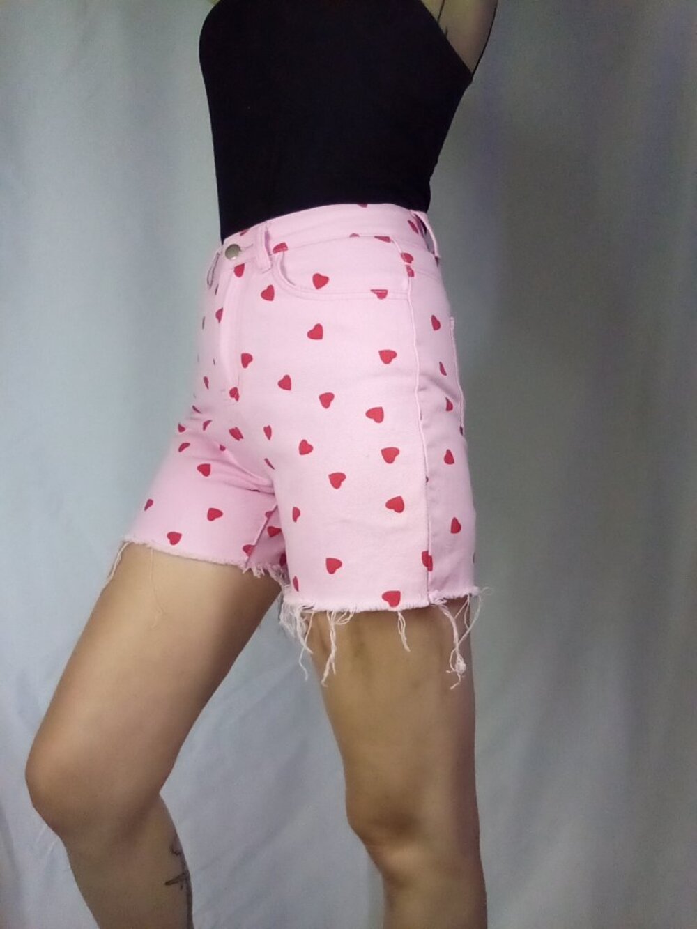 SHEIN Pink Denim with Red Heart High Waisted Bermuda Cut Off Shorts. - Picture 2 of 4